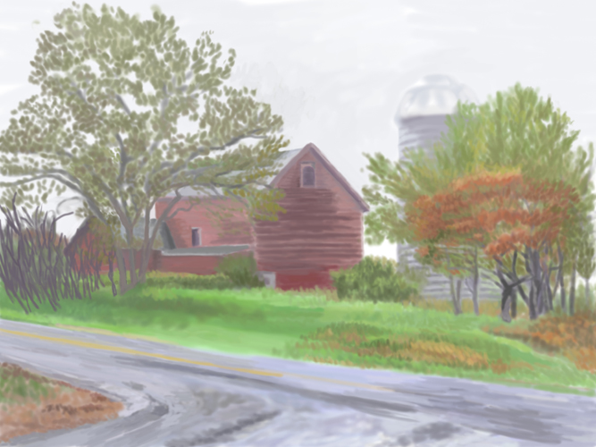 Red barn by the road rainy fall day