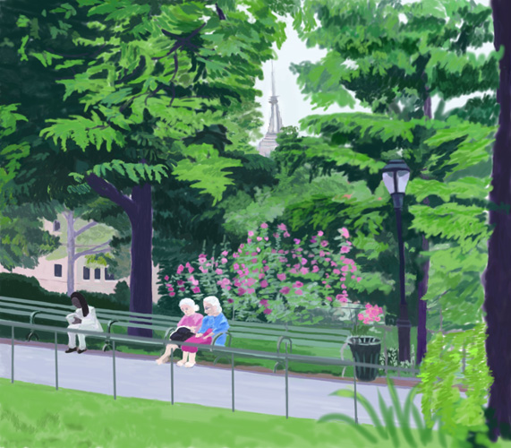 Hollyhocks in the Park by Lauren Edmond