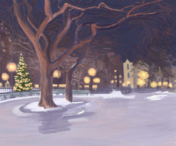 Tompkins Square with snow before Christmas by Lauren Edmond